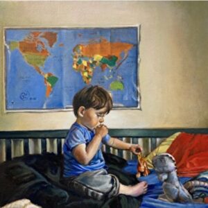 River and His Dinosaurs on the Top Bunk by Peter Leeds - Oil