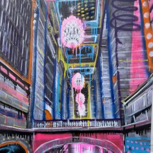 Rush Hour Dreamscape by Jessie Rubin - Aerosol and oil stick on printed canvas