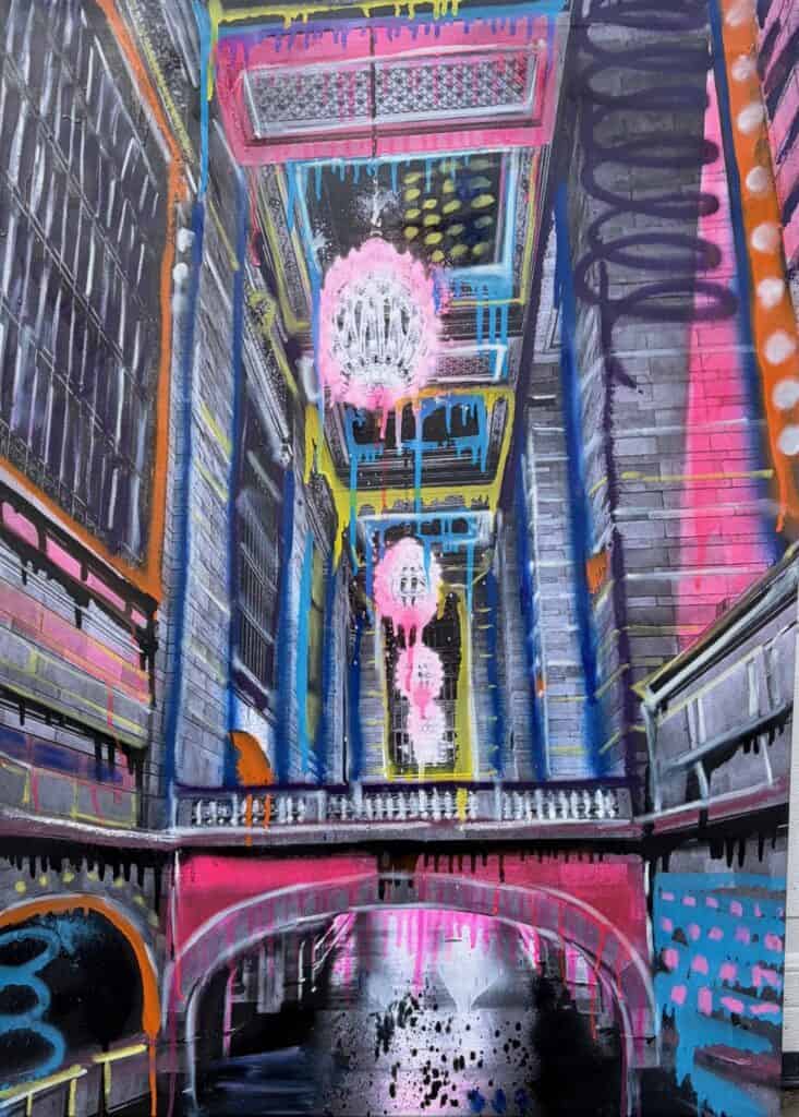 Rush Hour Dreamscape by Jessie Rubin - Aerosol and oil stick on printed canvas