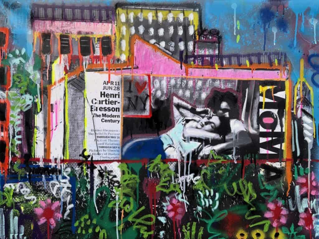 SoHo Snapshot by Jessie Rubin - Aerosol and oil stick on printed canvas